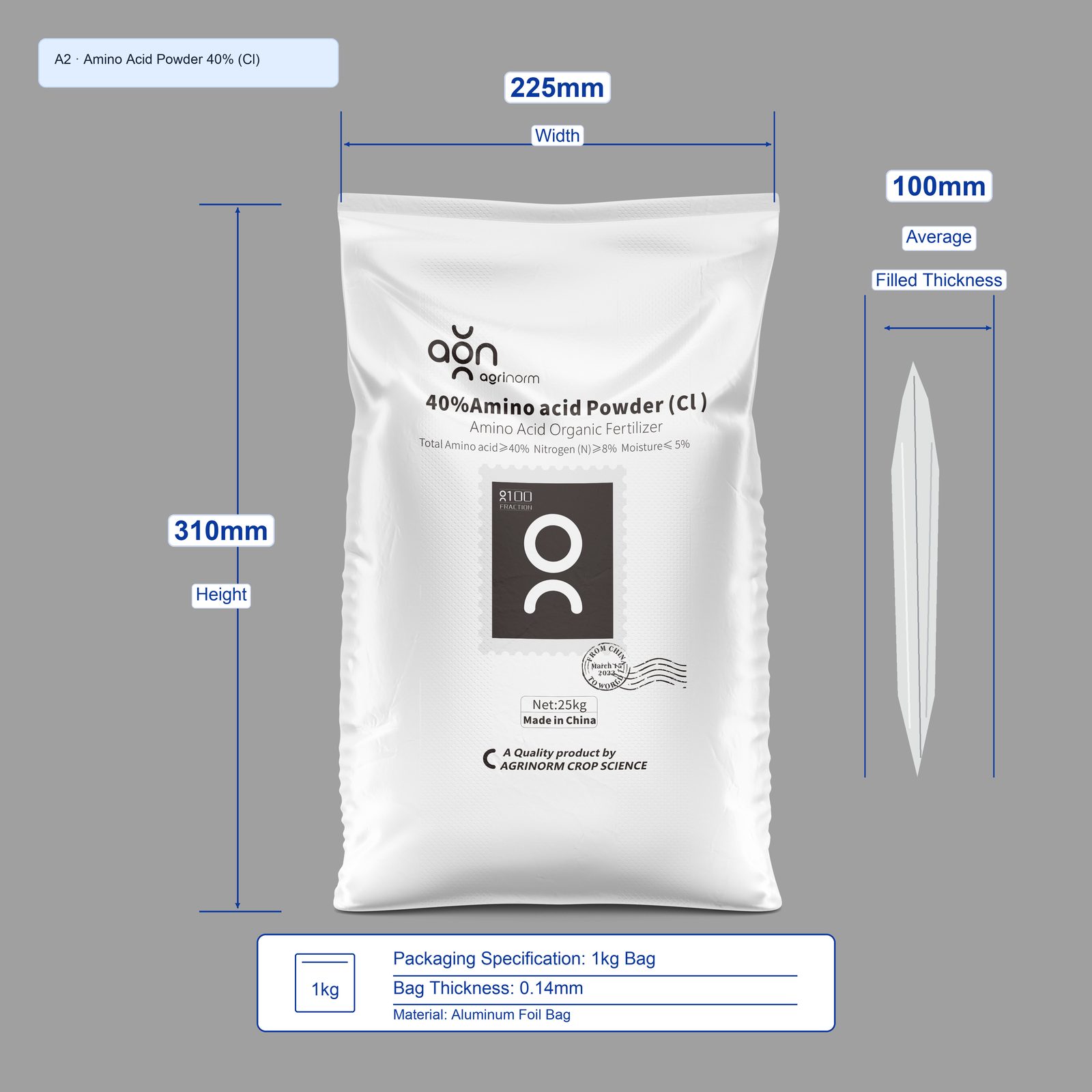 Amino Acid Powder 40% (Cl) 1kg bag dimensions