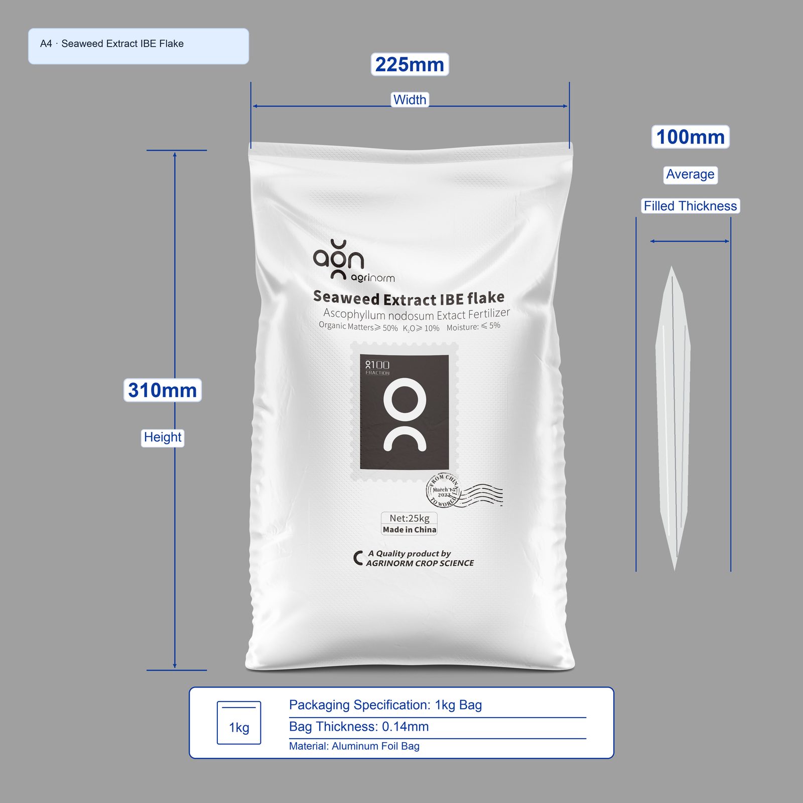 Seaweed Extract IBE Flake 1kg bag dimensions