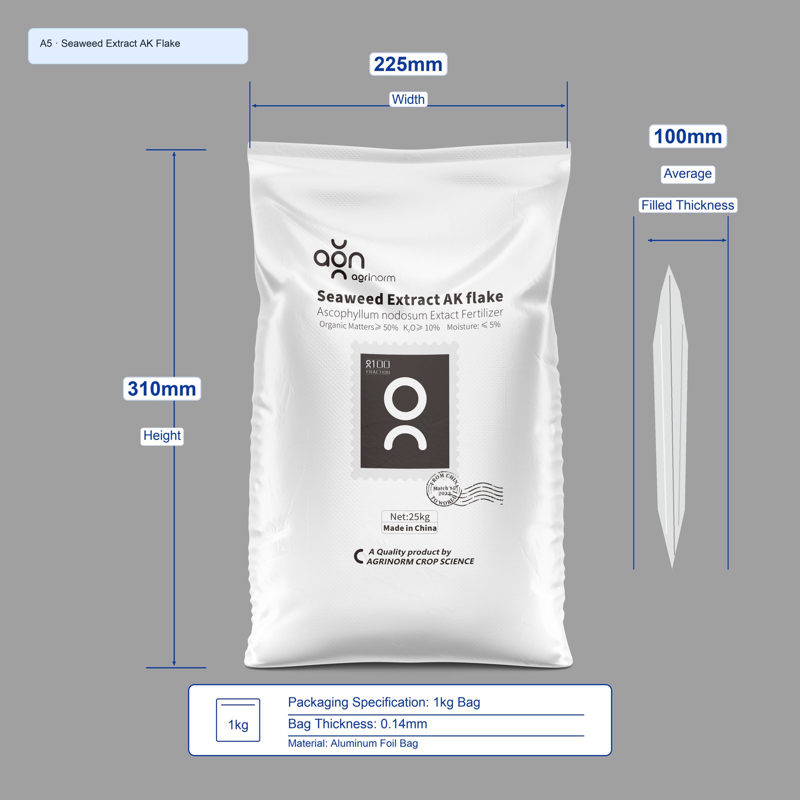 Seaweed Extract AK Flake 1kg bag dimensions