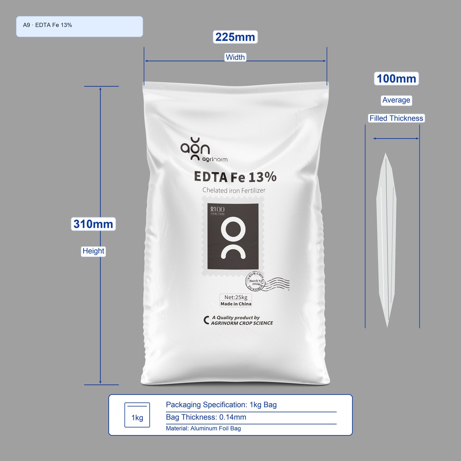 EDTA Fe 12.8% 1kg bag dimensions