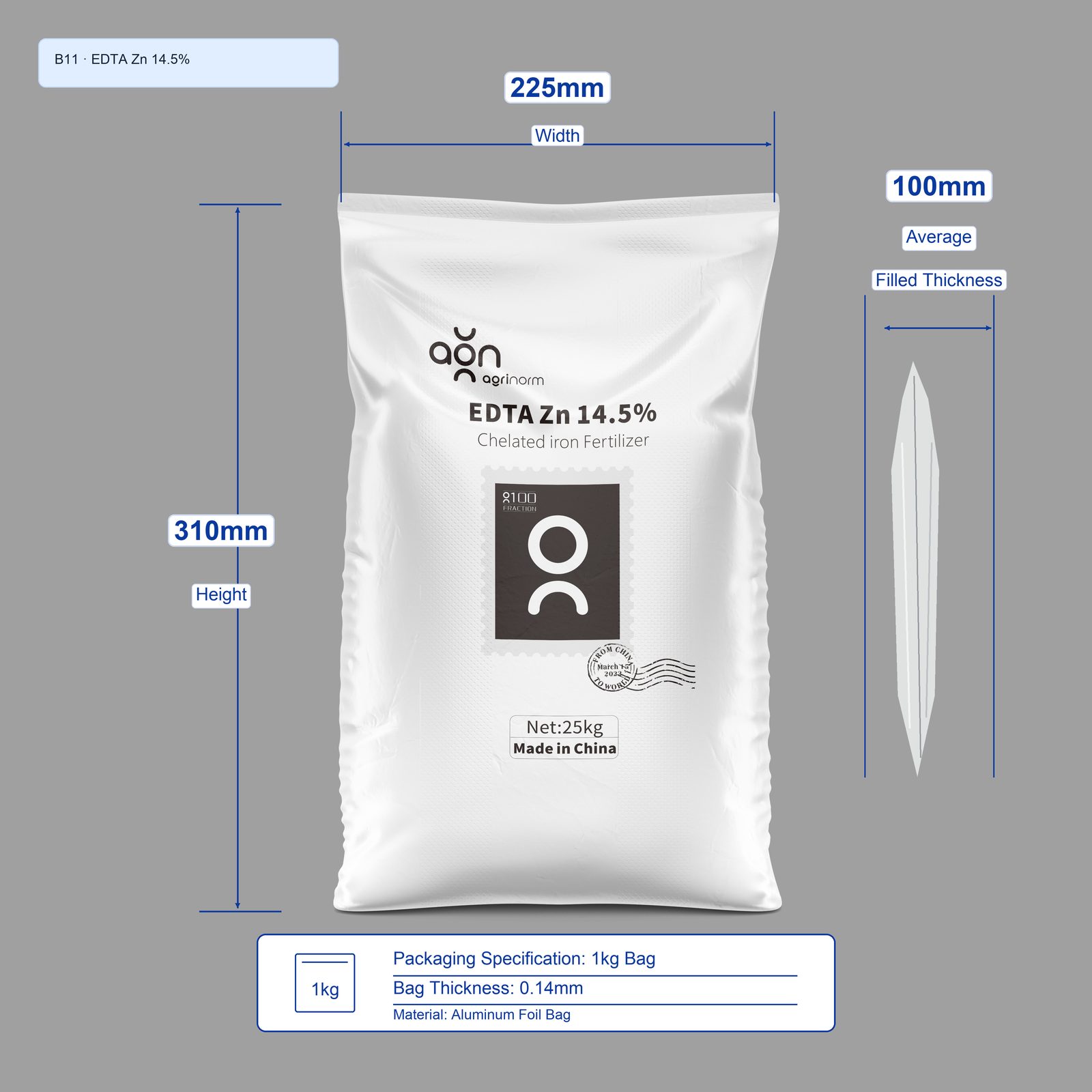 EDTA Zn 14.5% 1kg bag dimensions