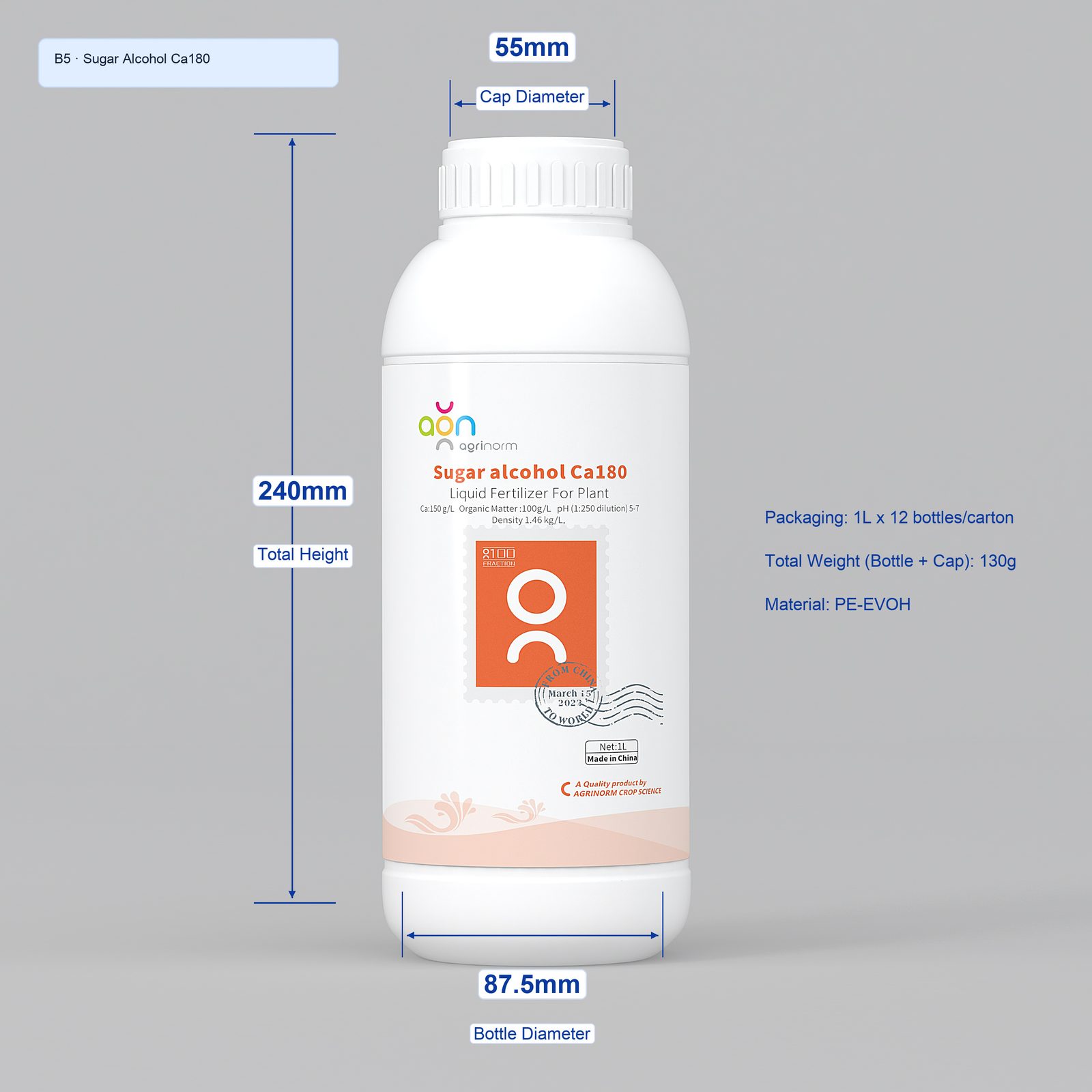 Sugar Alcohol Ca180 1L bottle dimensions