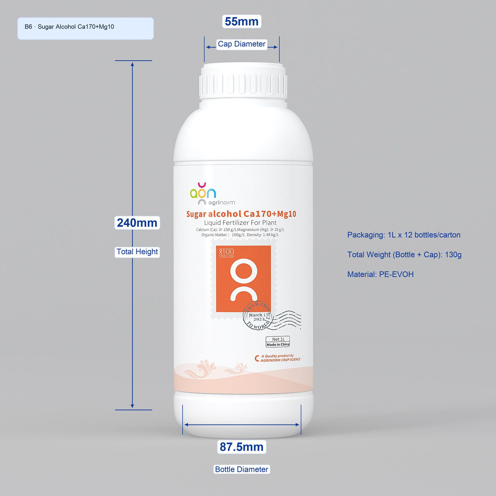 Sugar Alcohol Ca170+Mg10 1L bottle dimensions