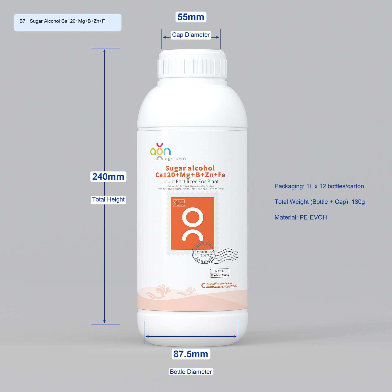 Sugar Alcohol Ca120+Mg+B+Zn+Fe 1L bottle dimensions