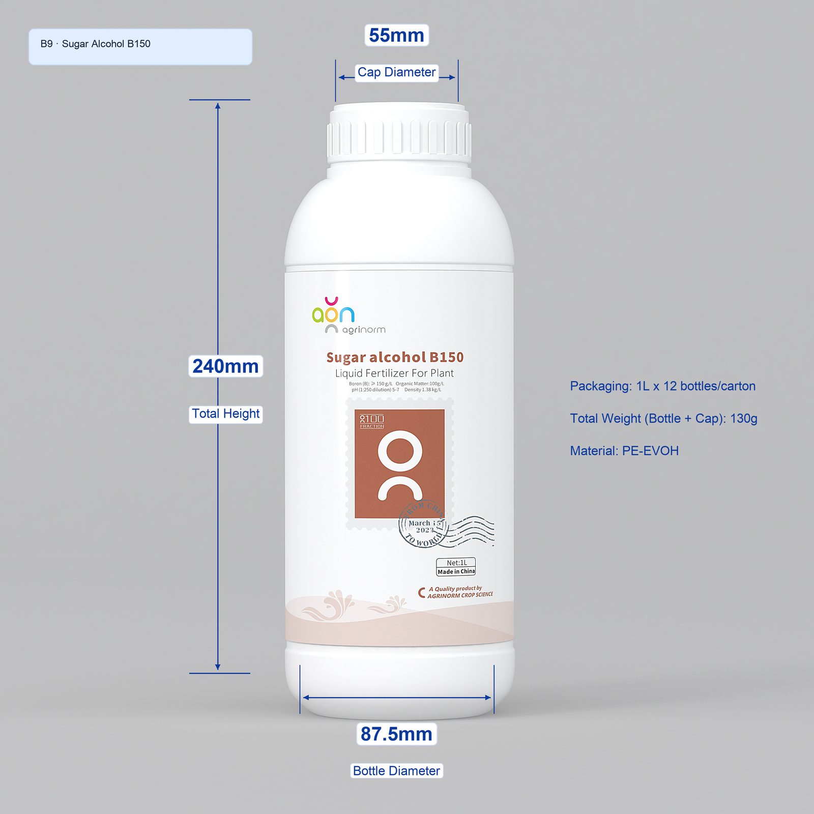 Sugar Alcohol B150 1L bottle dimensions