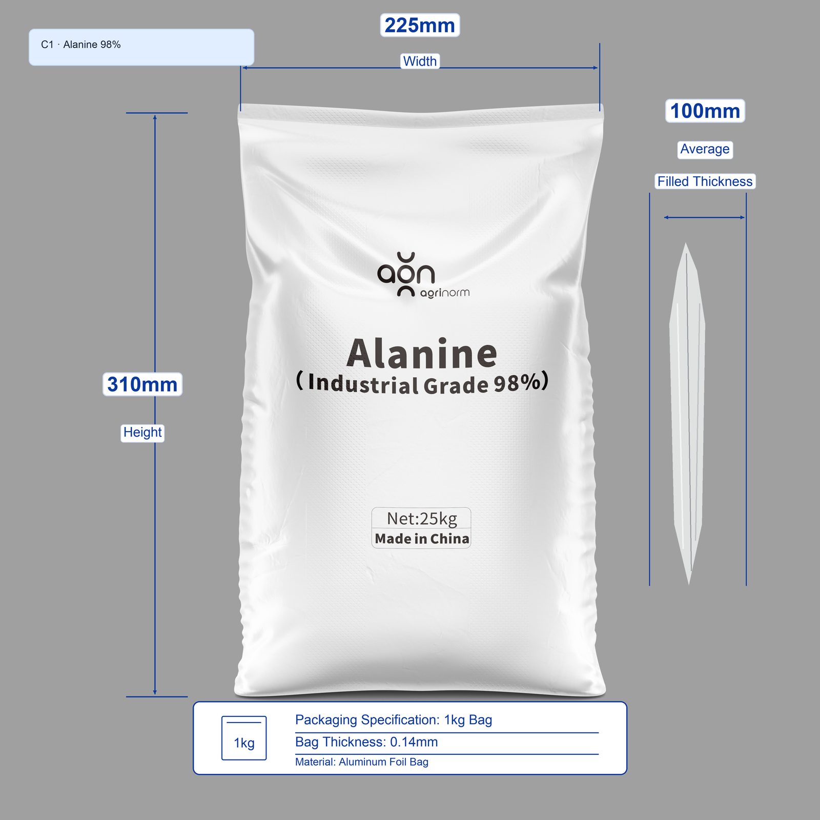 Alanine 98% 1kg bag dimensions