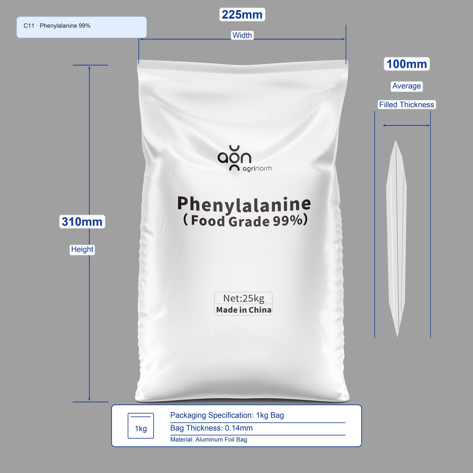 Phenylalanine 99% 1kg bag dimensions