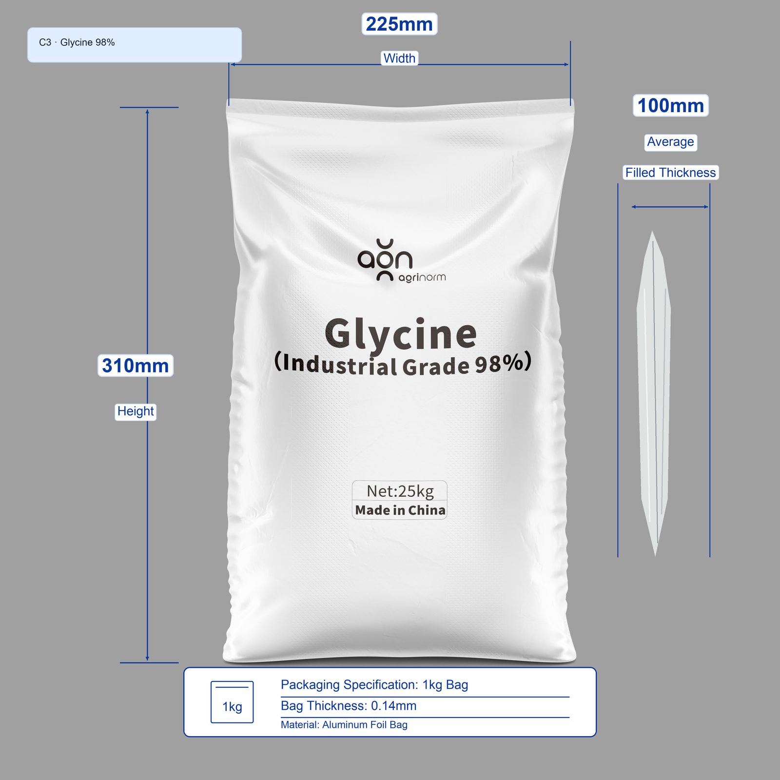Glycine 98% 1kg bag dimensions