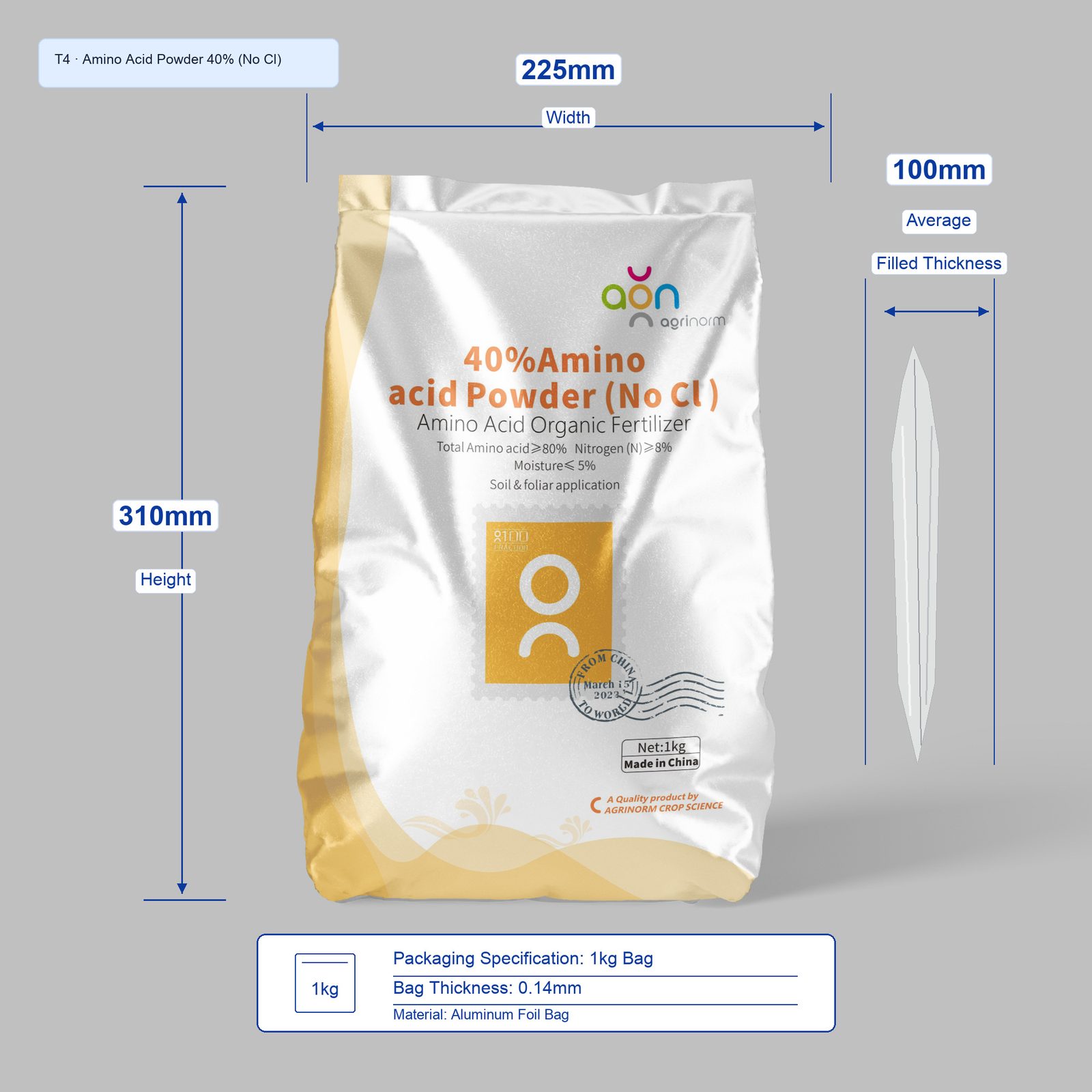 Amino Acid Powder 40% (No Cl) 1kg bag dimensions