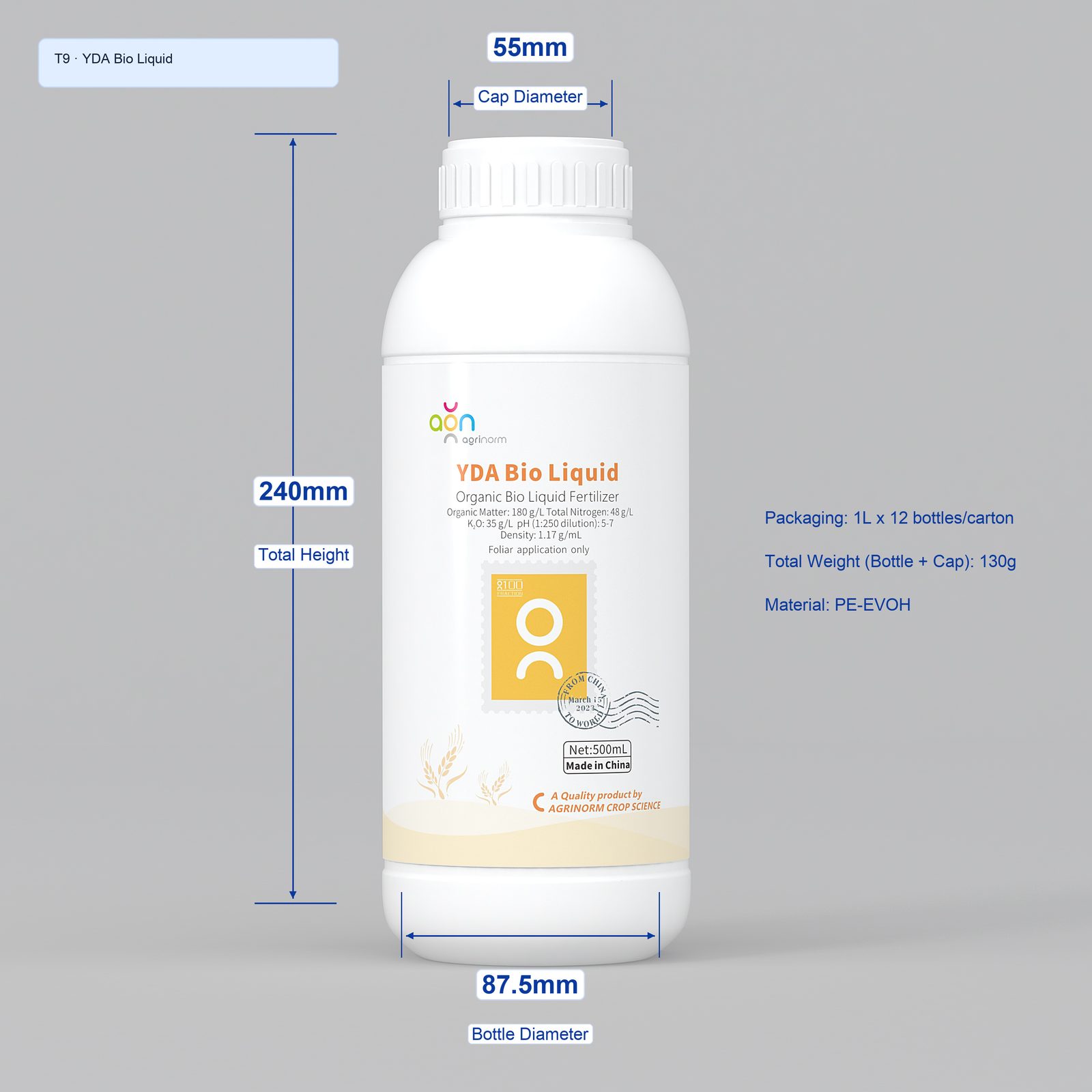 YDA Bio Liquid 1L bottle dimensions
