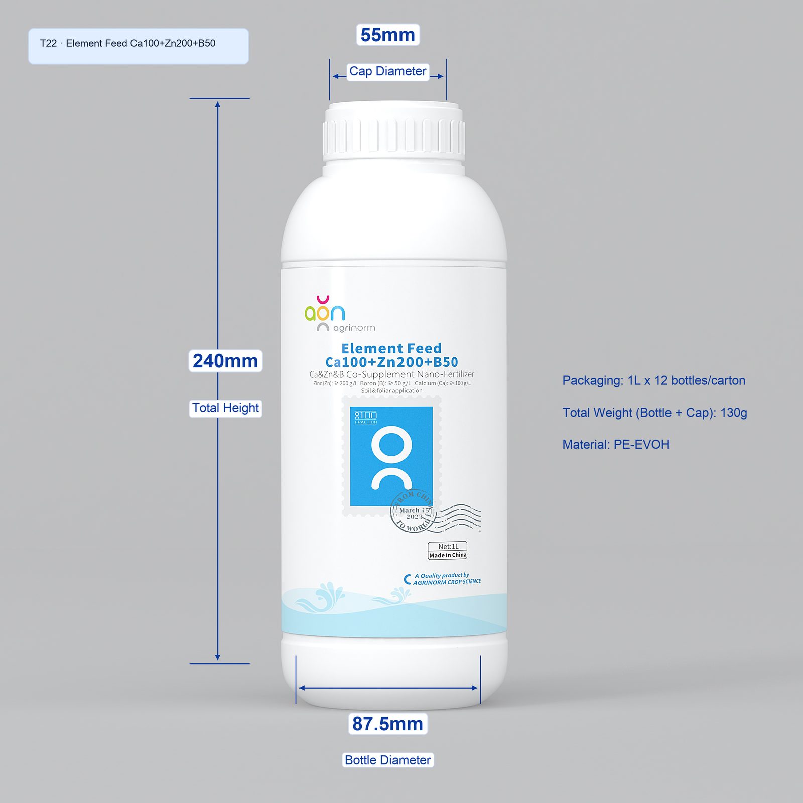 Element Feed Ca100+Zn200+B50 1L bottle dimensions